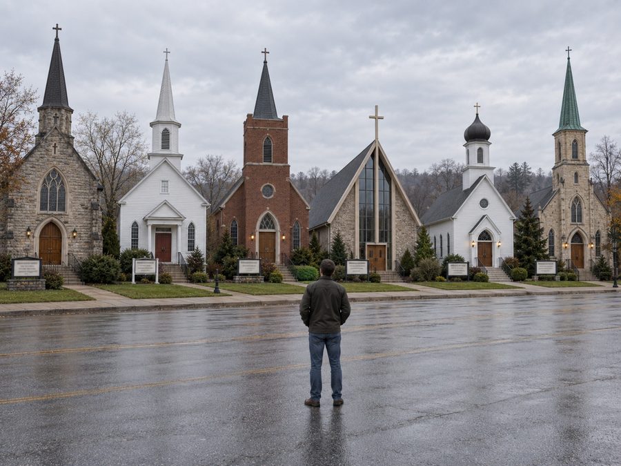 A man standing in a wet street before a row of six different church buildings